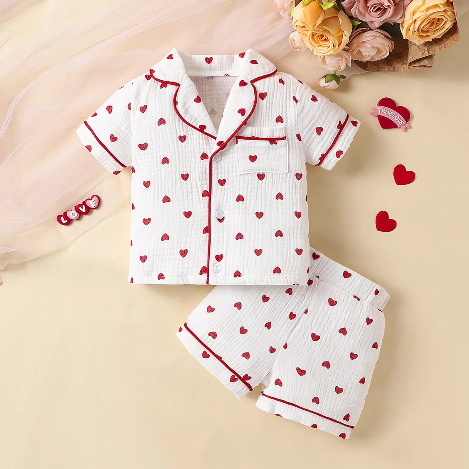 Girls Heart Print Button-Up Pajama Set – Short Sleeve