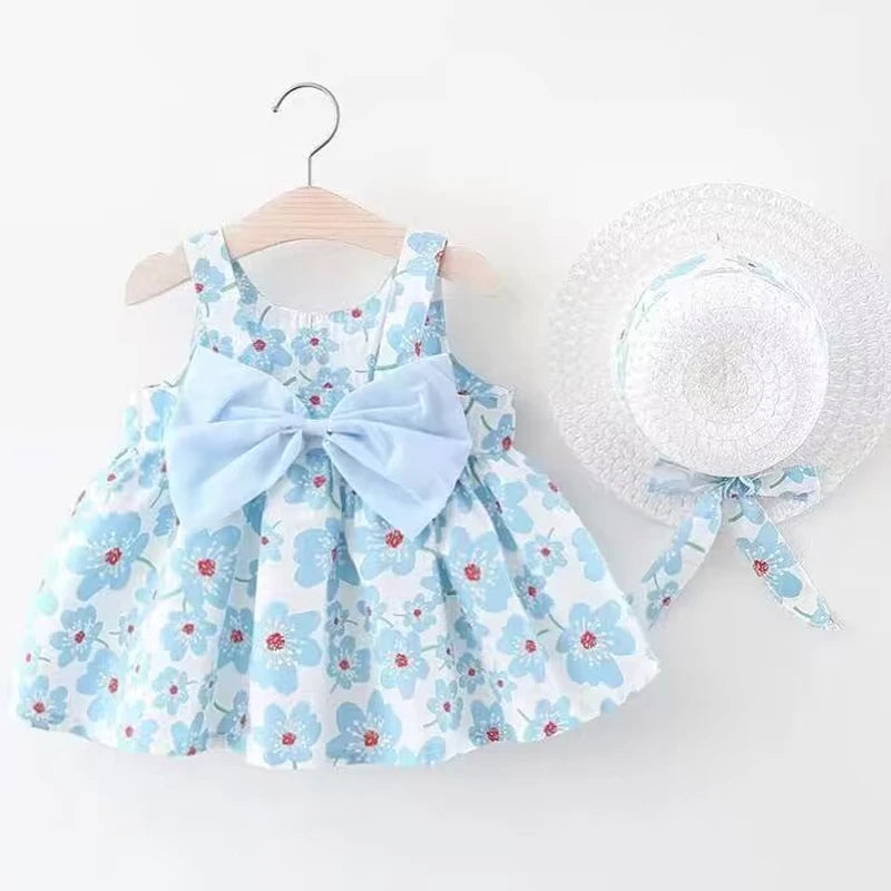 Baby Girl Floral Summer Dress Set – Bow Detail with Matching Sun Hat