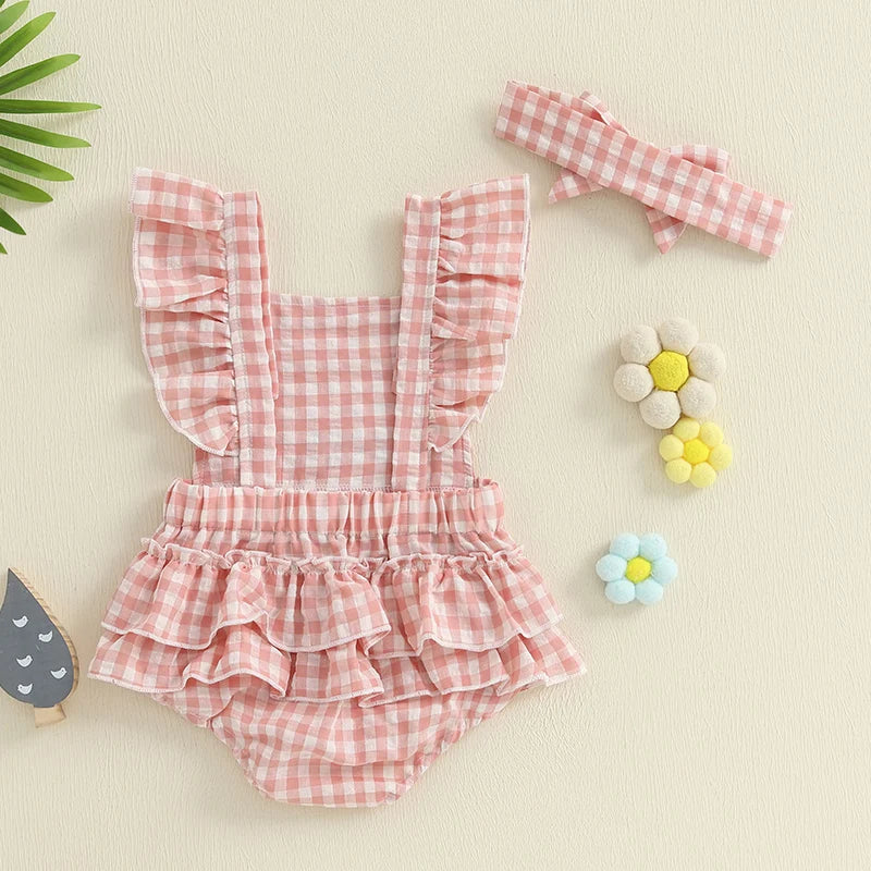 Newborn Baby Girl Summer Clothes Flying Sleeve Romper Ruffles Duck Embroidery Overall Headband Infant Jumpsuit Outfits