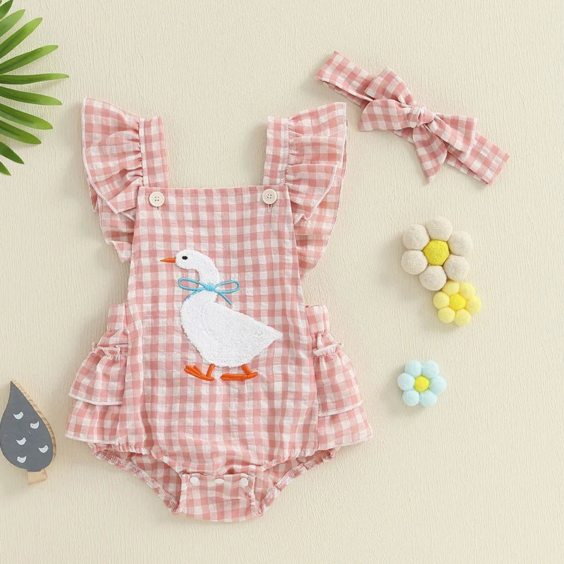 Newborn Baby Girl Summer Clothes Flying Sleeve Romper Ruffles Duck Embroidery Overall Headband Infant Jumpsuit Outfits
