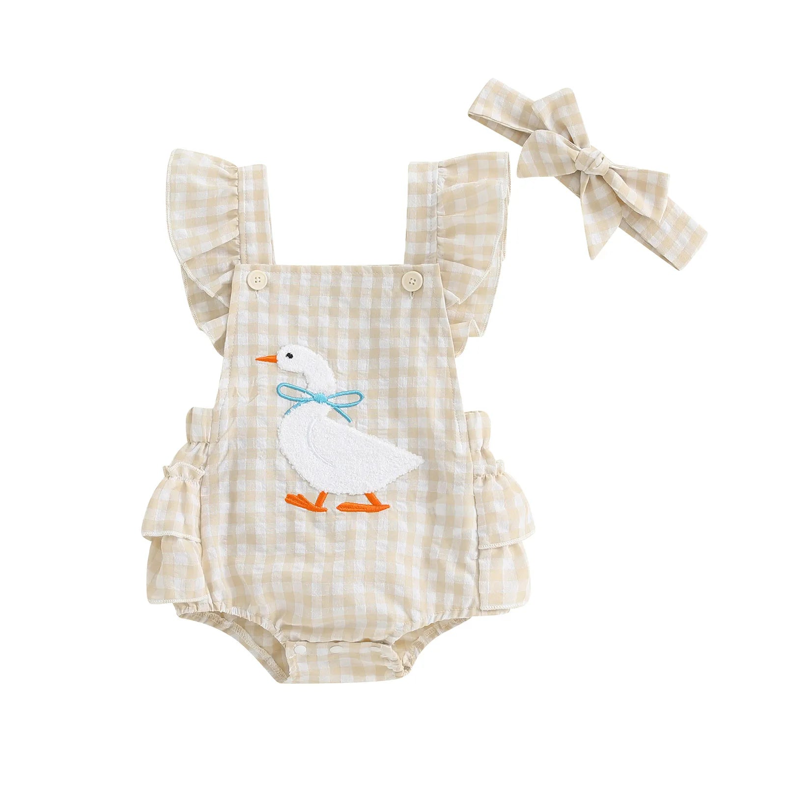 Newborn Baby Girl Summer Clothes Flying Sleeve Romper Ruffles Duck Embroidery Overall Headband Infant Jumpsuit Outfits