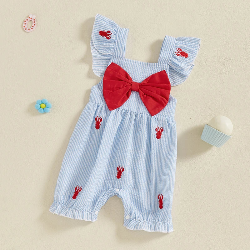 Newborn Baby Girl Summer Clothes Lobster Embroidery Flying Sleeve Bow Seersucker Jumpsuit Infant Crawfish Romper