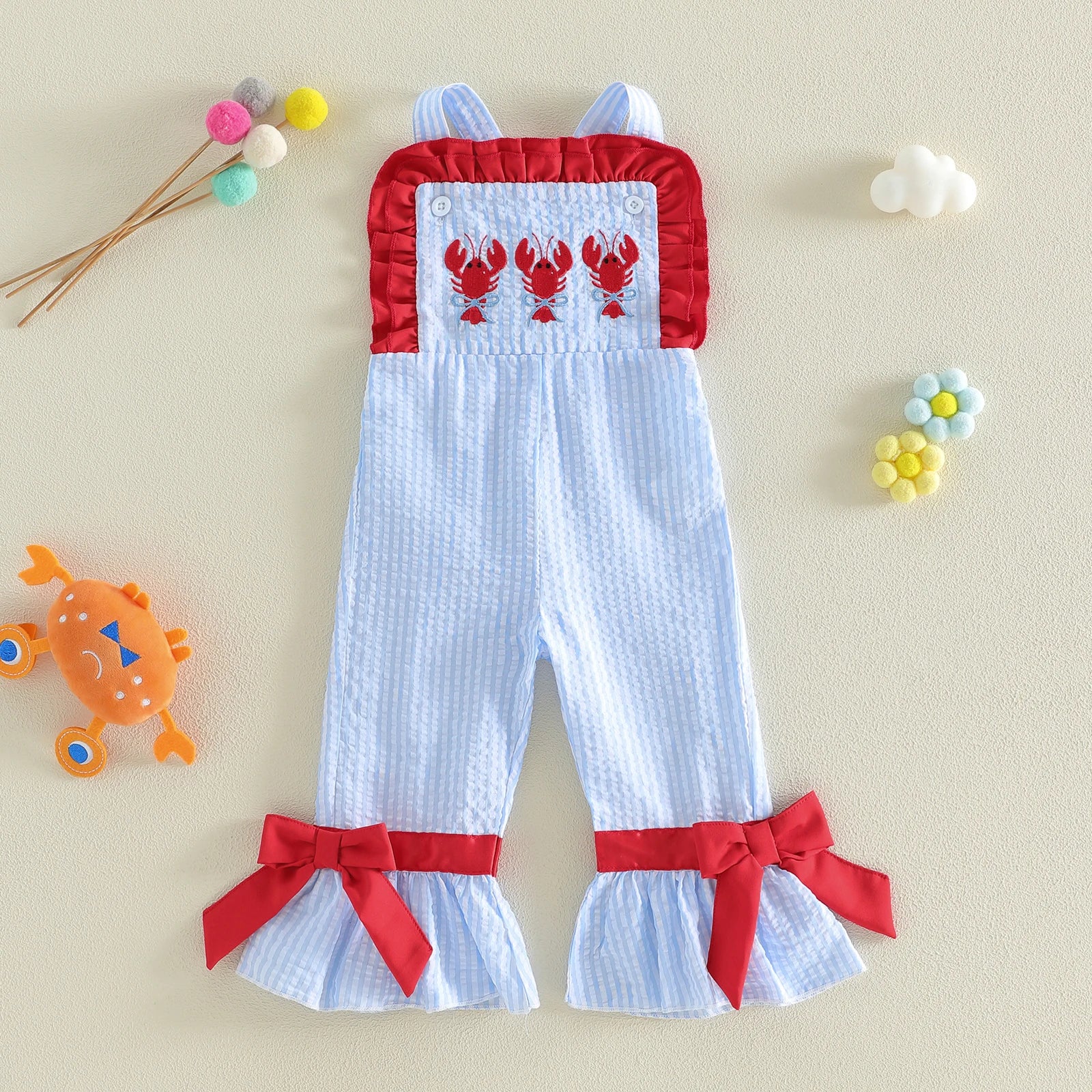 Toddler Girl Overalls Baby Summer Outfit Sleeveless Lobster Bell-Bottom 1Piece Romper Jumpsuit Cute Clothes