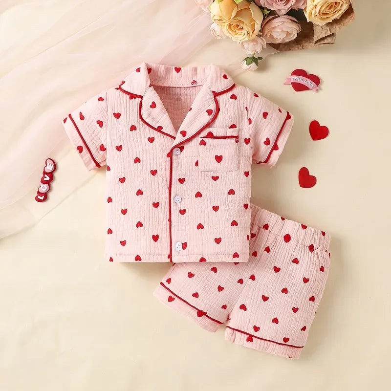 Girls Heart Print Button-Up Pajama Set – Short Sleeve