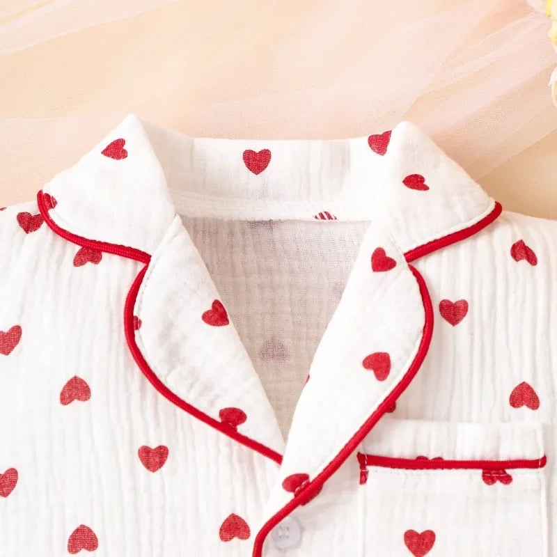 Girls Heart Print Button-Up Pajama Set – Short Sleeve