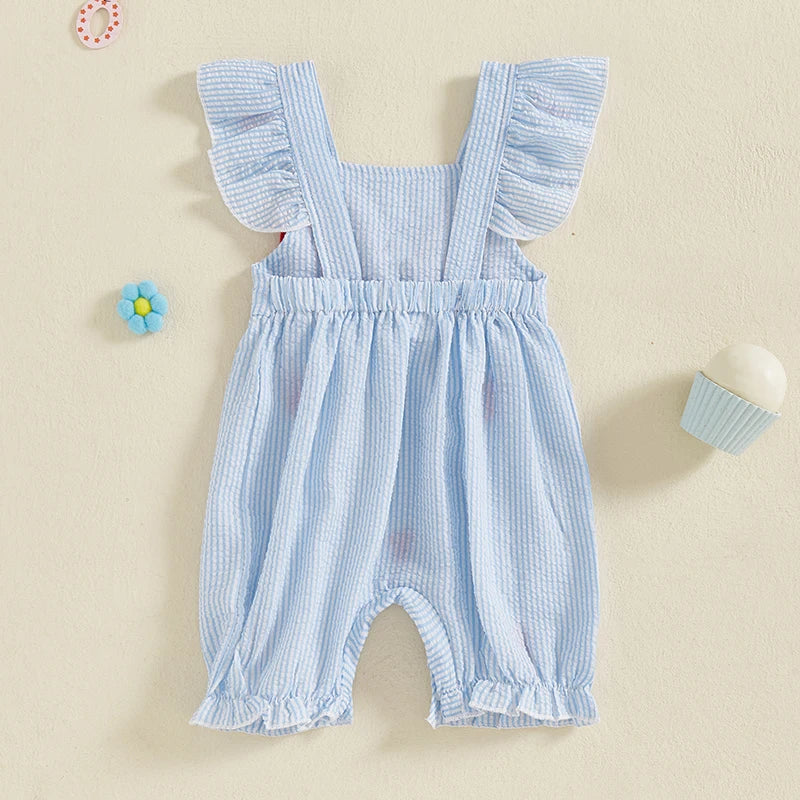 Newborn Baby Girl Summer Clothes Lobster Embroidery Flying Sleeve Bow Seersucker Jumpsuit Infant Crawfish Romper