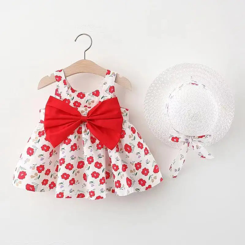 Baby Girl Floral Summer Dress Set – Bow Detail with Matching Sun Hat