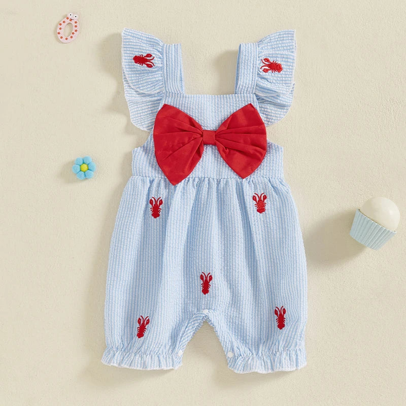 Newborn Baby Girl Summer Clothes Lobster Embroidery Flying Sleeve Bow Seersucker Jumpsuit Infant Crawfish Romper