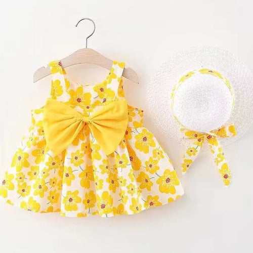 Baby Girl Floral Summer Dress Set – Bow Detail with Matching Sun Hat