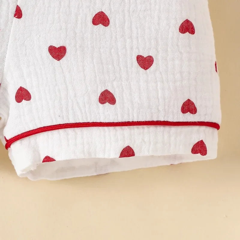 Girls Heart Print Button-Up Pajama Set – Short Sleeve