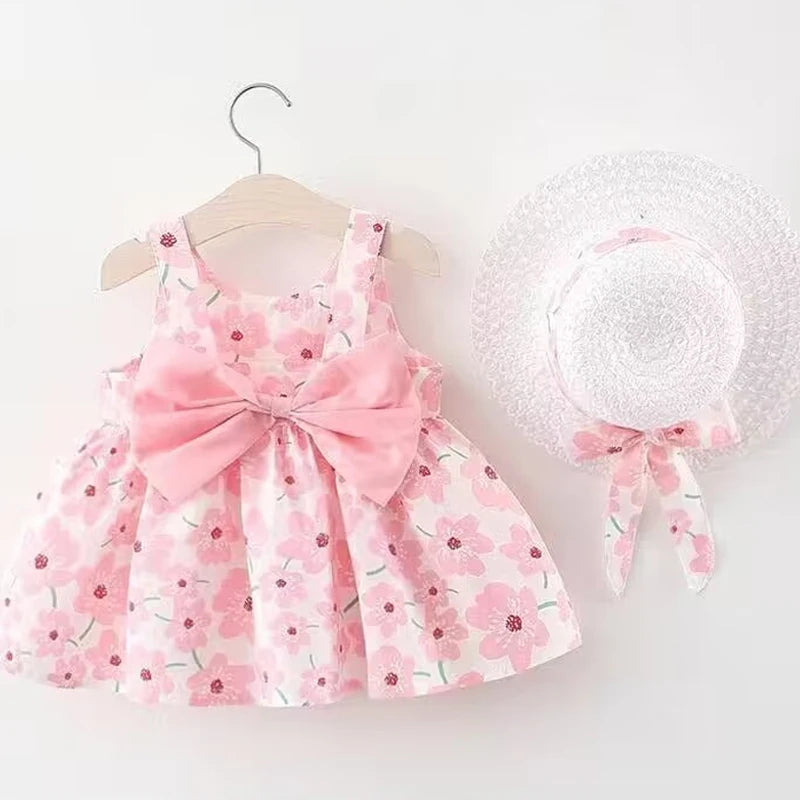 Baby Girl Floral Summer Dress Set – Bow Detail with Matching Sun Hat
