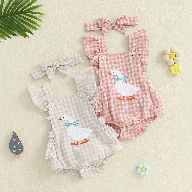 Newborn Baby Girl Summer Clothes Flying Sleeve Romper Ruffles Duck Embroidery Overall Headband Infant Jumpsuit Outfits