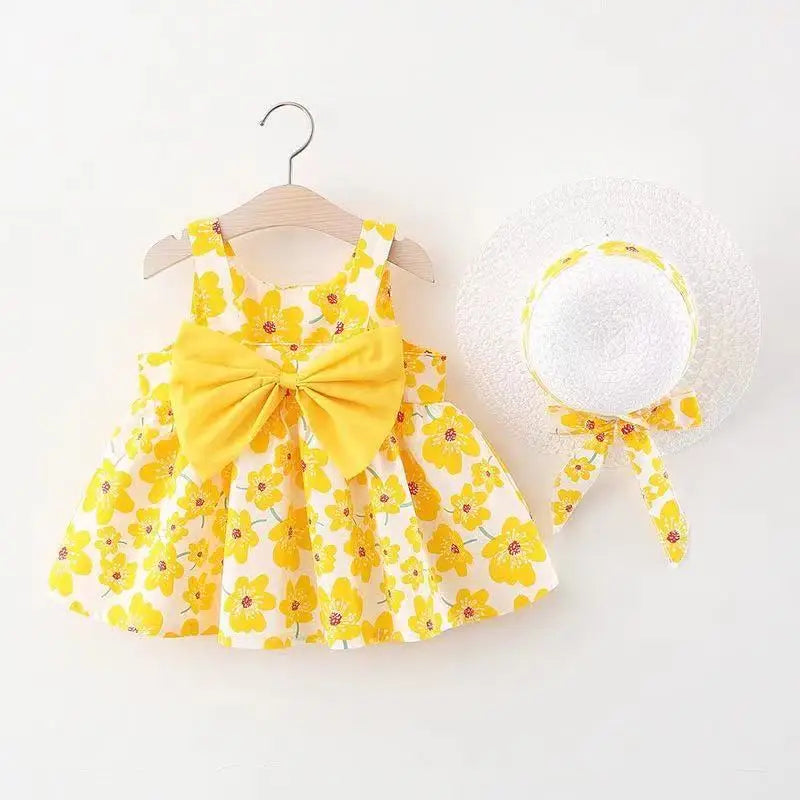 Baby Girl Floral Summer Dress Set – Bow Detail with Matching Sun Hat