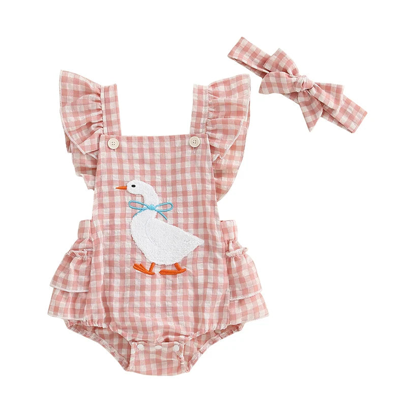 Newborn Baby Girl Summer Clothes Flying Sleeve Romper Ruffles Duck Embroidery Overall Headband Infant Jumpsuit Outfits