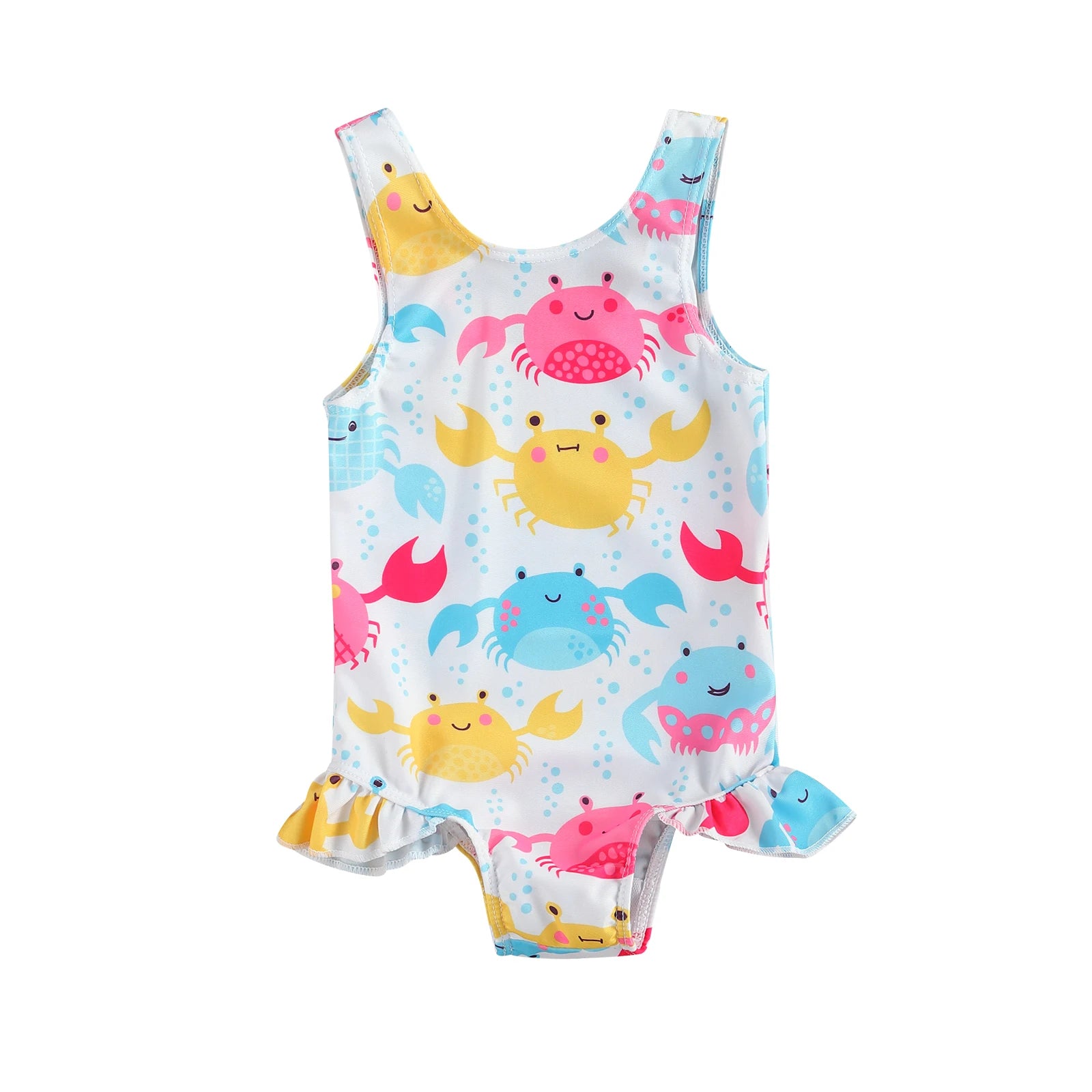 Baby Girl Summer Swimsuit – Colorful Crab or Donut Print Sleeveless One-Piece