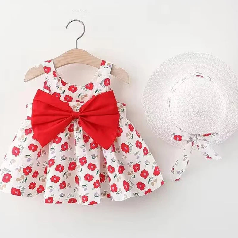 Baby Girl Floral Summer Dress Set – Bow Detail with Matching Sun Hat