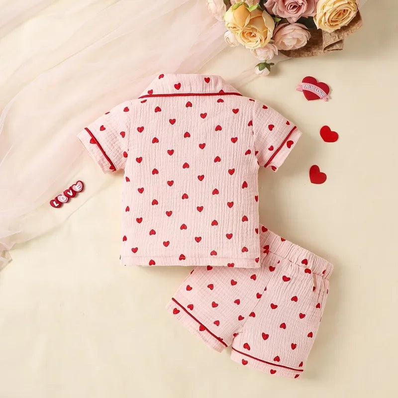 Girls Heart Print Button-Up Pajama Set – Short Sleeve