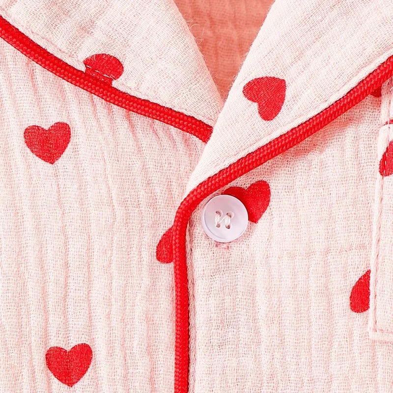 Girls Heart Print Button-Up Pajama Set – Short Sleeve