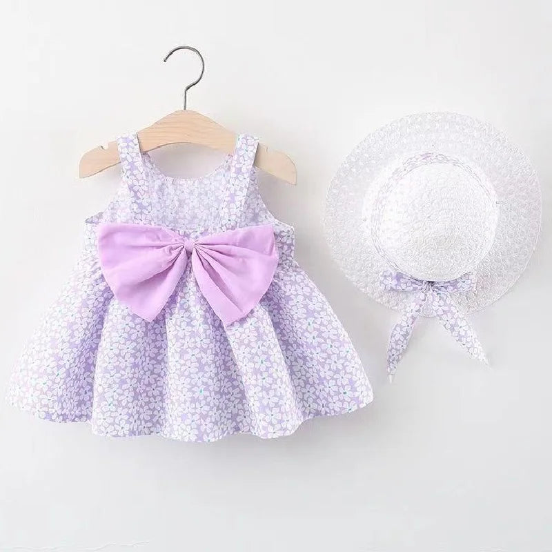 Baby Girl Floral Summer Dress Set – Bow Detail with Matching Sun Hat