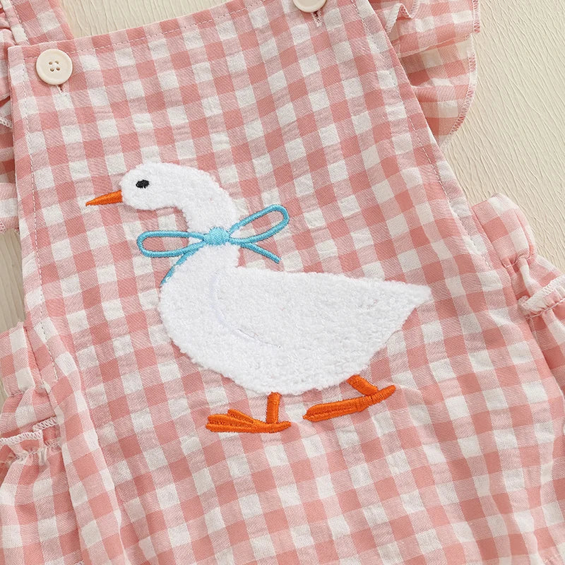 Newborn Baby Girl Summer Clothes Flying Sleeve Romper Ruffles Duck Embroidery Overall Headband Infant Jumpsuit Outfits