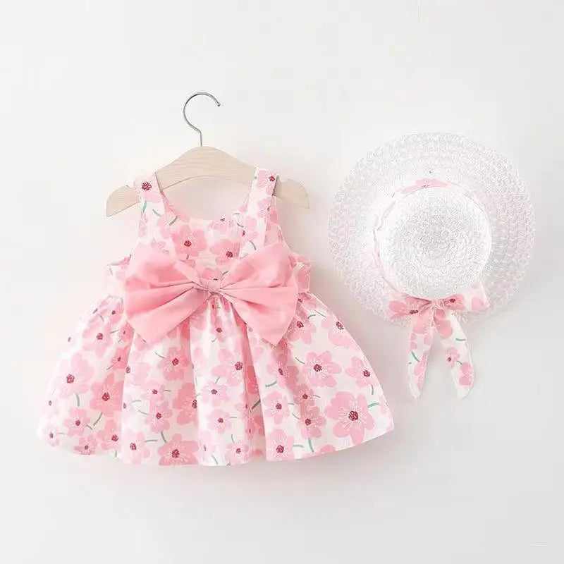 Baby Girl Floral Summer Dress Set – Bow Detail with Matching Sun Hat
