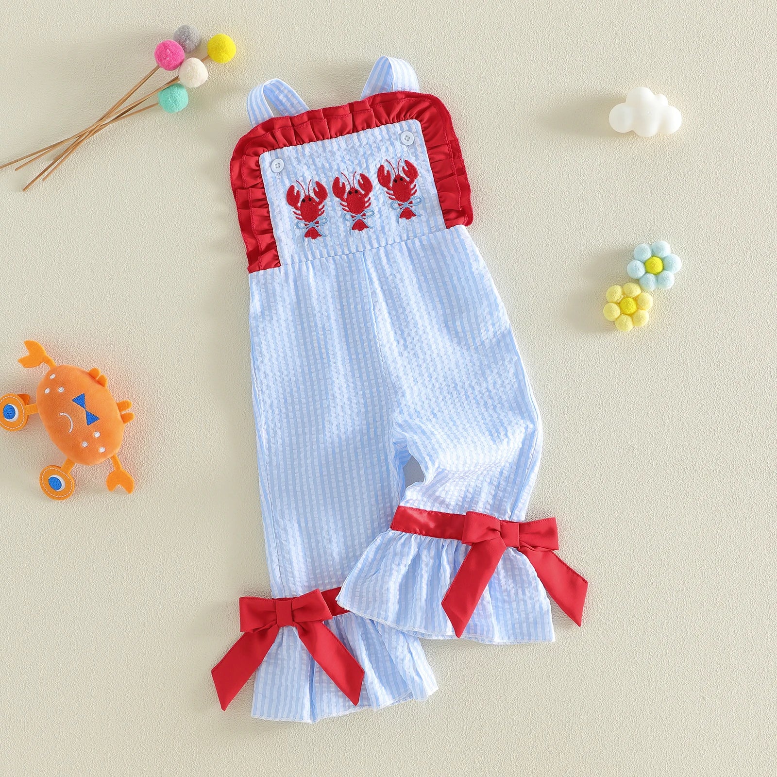 Toddler Girl Overalls Baby Summer Outfit Sleeveless Lobster Bell-Bottom 1Piece Romper Jumpsuit Cute Clothes