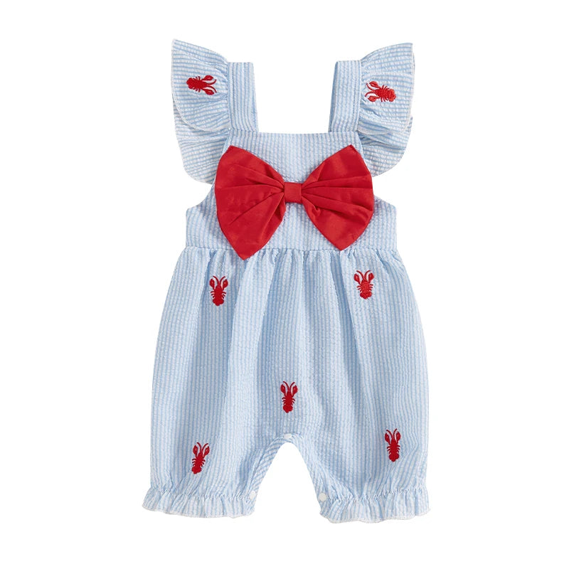 Newborn Baby Girl Summer Clothes Lobster Embroidery Flying Sleeve Bow Seersucker Jumpsuit Infant Crawfish Romper