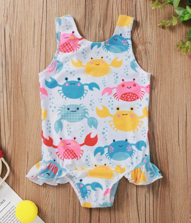 Baby Girl Summer Swimsuit – Colorful Crab or Donut Print Sleeveless One-Piece