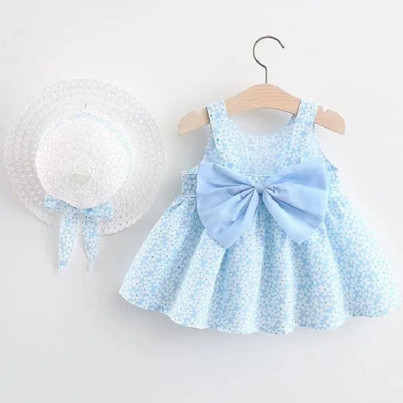 Baby Girl Floral Summer Dress Set – Bow Detail with Matching Sun Hat